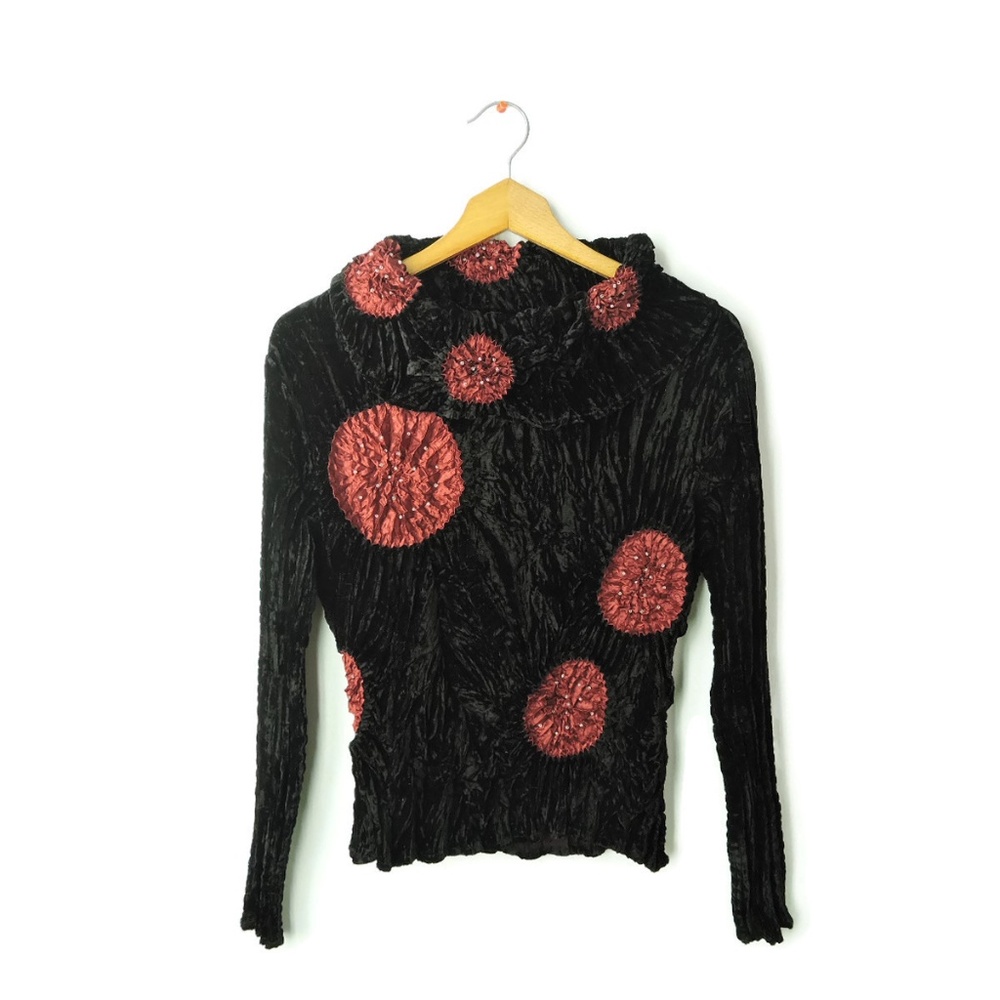 Paris Chic textured velour long sleeve blouse top black red whimsy goth Sz S